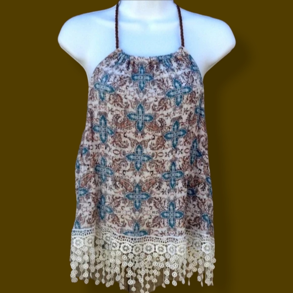 Shyanne XL Boho Short Tank Top Fringe Low Back Brown
